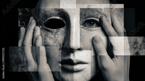 A modern artistic collage featuring a theatrical mask held in a woman’s hands, representing performing arts, theater, and cinema.