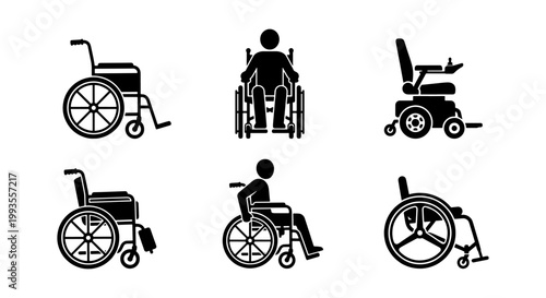 Wheelchair icon set with disabled person silhouettes, 6 medical mobility equipment vector elements, black and white accessibility symbols for healthcare