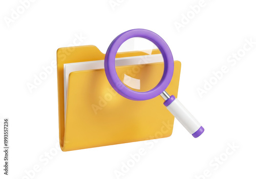 3d icon of yellow folder with magnifying glass isolated on transparent background