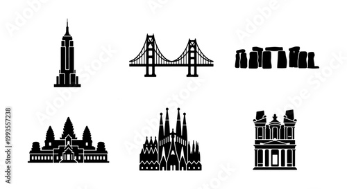 Minimalist world landmarks icon set, black silhouette travel destination symbols, 6 vector illustrations of famous global monuments and architecture