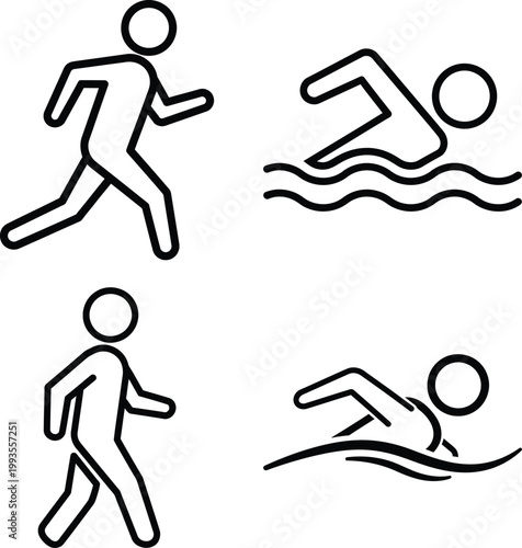 Four iconic stances of triathlon swimming and running