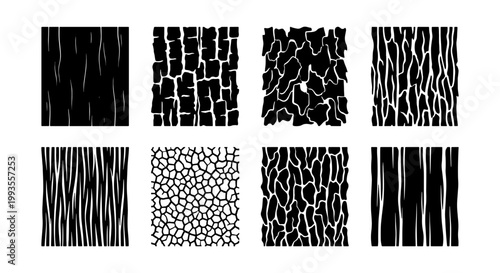 Natural wood bark texture set, black and white organic tree trunk patterns, 8 vector timber surface backgrounds for rustic graphic design