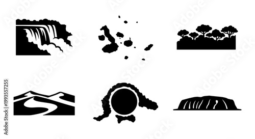 Minimalist nature landscape icons, black silhouette natural wonders set, 6 vector elements of waterfall, islands, savanna, desert dunes, and rock formations