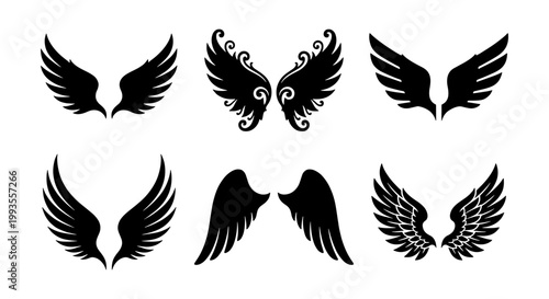 Black wing silhouettes set, 6 pairs of decorative bird and angel wings, tribal and heraldic wing vector icons for logo design and tattoos