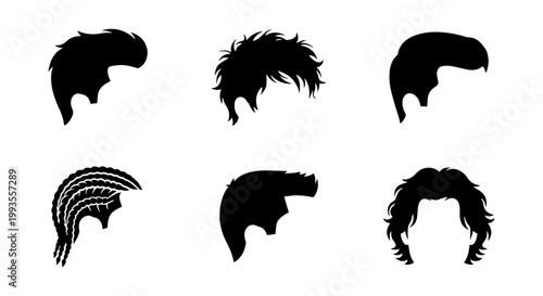 Male hairstyle silhouettes set, 6 black vector hair icons for men, trendy barber shop grooming styles, masculine haircut collection for salon branding