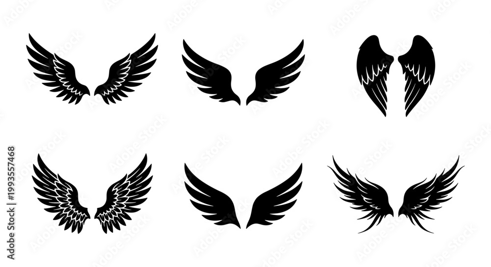 Fototapeta premium Black wing silhouettes collection, set of 6 stylized eagle and angel wings, heraldic bird wing icons, decorative feather wing vector elements