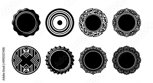 Vintage ornamental circle frames set, 8 black decorative round labels and borders, elegant filigree mandala badges for branding and logo design