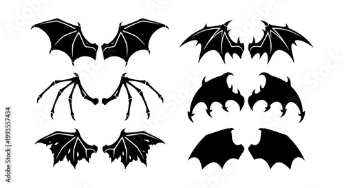 Gothic bat wings silhouette set, 6 pairs of black dragon and demon wing icons, spooky vampire wing vector illustrations for Halloween design
