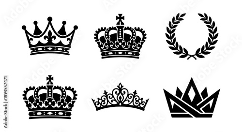 Royal crown silhouettes and laurel wreath set, 6 black heraldic icons for luxury branding, vintage king and queen tiara vector collection