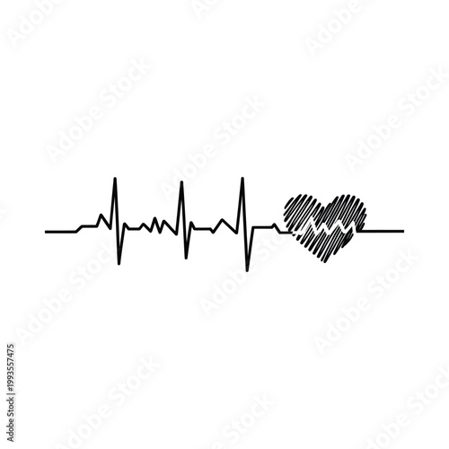 Schilderij op canvas A black and white illustration depicts a heartbeat line culminating in a sketche