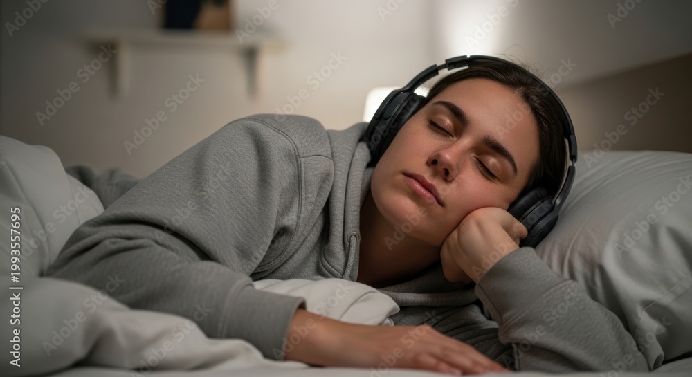 Obraz premium A young man wearing headphones sleeping peacefully on a comfortable bed in a cozy room