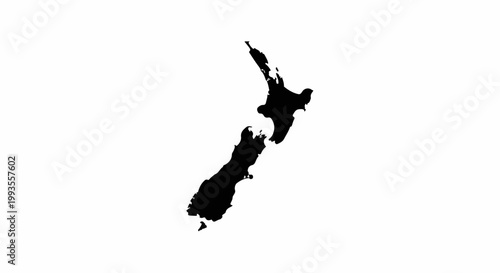 Black silhouette outline of the islands of New Zealand on a white background