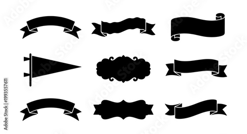 Vintage black ribbon banners and decorative frames set, 9 vector silhouettes of classic heraldic scrolls, elegant pennant and ornamental labels