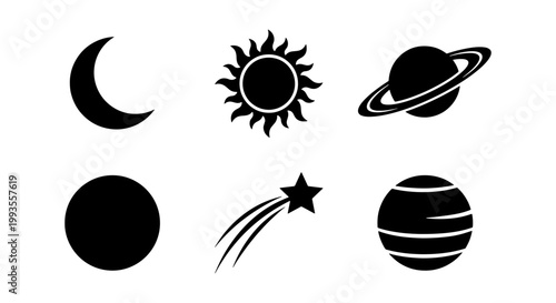 Celestial space icon set with sun and moon, black minimalist astronomy vector symbols, 6 planet and star silhouettes for web design