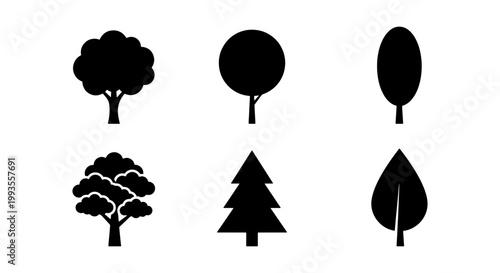 Minimalist tree silhouette icons, set of 6 black nature vector symbols, flat forest and garden plant elements for landscape design and mapping