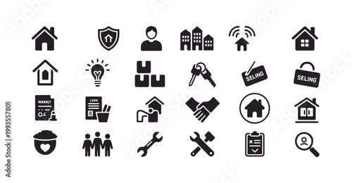 Real estate business icon set with keys lightbulbs documents people and repair tools for service