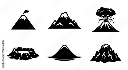 Volcano icon set with 6 black vector silhouettes, erupting mountain peaks and crater symbols, minimalist volcanic landscape elements for maps