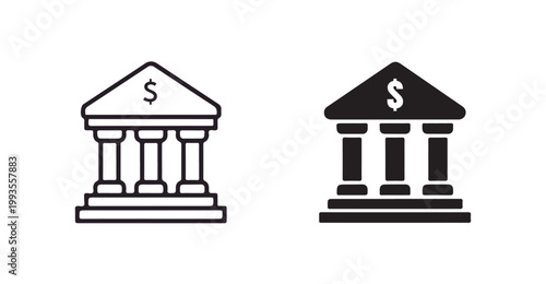 Bank building icon outline and filled symbol for finance and money concept
