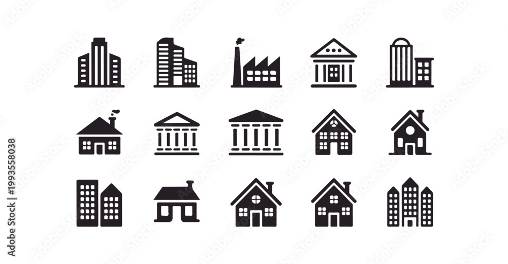 Fototapeta premium Set of city buildings and home icons isolated on white background flat vector illustration