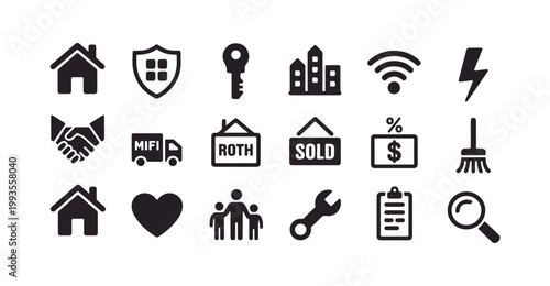 Real estate service icons including sold signs moving trucks and household maintenance symbols vector