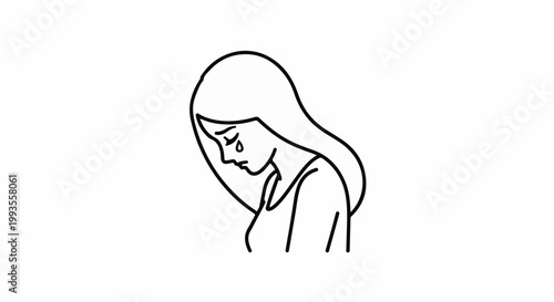 Minimalist outline of a young woman crying, tear falling from eye