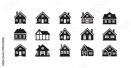 Suburban house icon collection with various window and roof designs for neighborhood mapping concepts