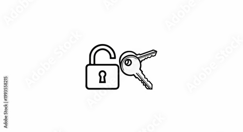 Simple line art illustration of an unlocked padlock next to a key