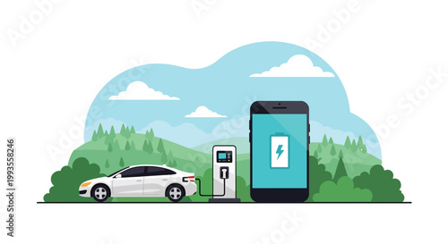 Flat style vector illustration of electric car charging with smartphone battery app, green eco transport concept with clean energy landscape