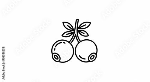 Black and white line art of two ripe cherries on a stem with leaves