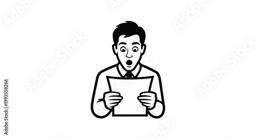 Man in shirt and tie with eyes wide and mouth open holds paper