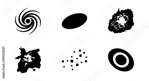 Minimalist galaxy icons set, black silhouette space elements vector, cosmic spiral and nebula shapes, astronomical universe symbols for science design