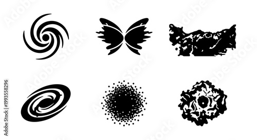 Abstract black ink silhouettes set, 6 organic shape icons including galaxy spiral and butterfly wings, distressed grunge vector elements for logo design