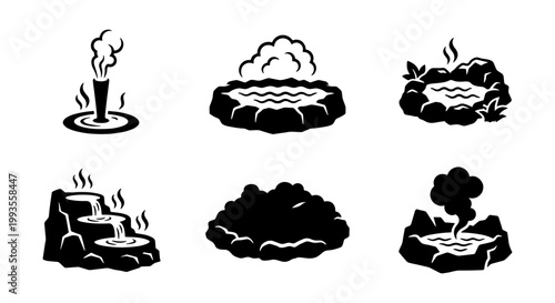 Geothermal hot springs icon set, black and white volcanic geyser vector illustrations, thermal spa and mineral bath symbols for travel maps