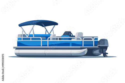 Blue pontoon boat vector illustration in modern flat design style with shadow. Watercraft for summer recreation, leisure, and fishing on the lake. Boat with outboard motor, canopy, and seating.