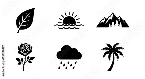 Minimalist nature icons set, black silhouette environment symbols, 6 vector elements featuring mountains, sun, rain cloud, palm tree, rose and leaf