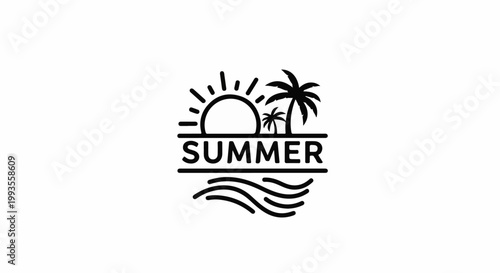 Minimalist summer emblem with sun, palms, and ocean waves