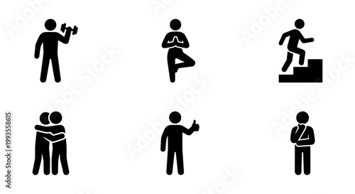 Minimalist fitness and lifestyle icons set, 6 black vector pictograms, wellness and health symbols for gym apps and medical infographics