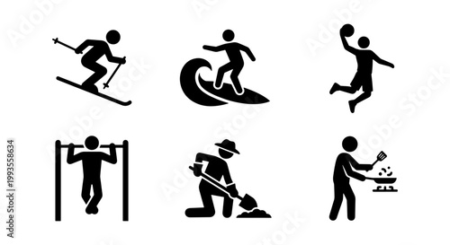 Minimalist sports and lifestyle pictograms, set of 6 black stick figure icons, athletic activities and daily hobbies vector illustrations for signage