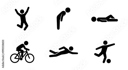 Stick figure people icons set, human action pictograms for sports and lifestyle, black silhouette man in various poses vector collection