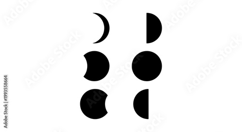 Minimalist moon phases icon set, black lunar cycle silhouettes, celestial astronomy vector elements for astrology and calendar design