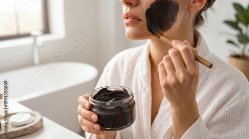 Woman applying black facial mask with wooden brush while holding jar in bathroom, featuring a white robe, natural light from window, and indoor plants in the background