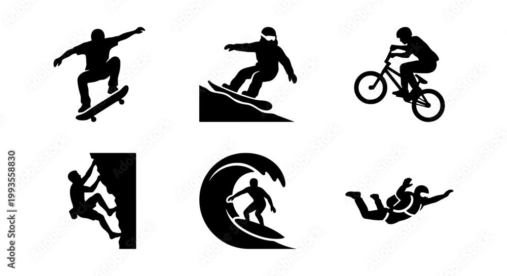 Obraz premium Extreme sports silhouette icons set, active lifestyle vector graphics, skateboarding snowboarding and surfing symbols, outdoor adventure athlete collection