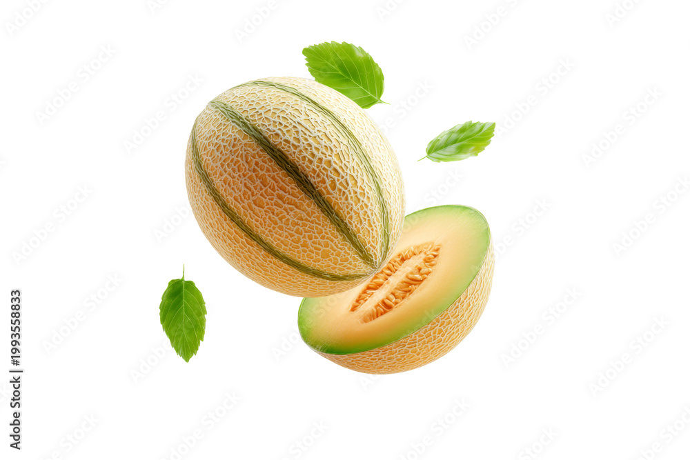 Fototapeta premium Fresh cantaloupe melon whole and half with leaves isolated on transparent background