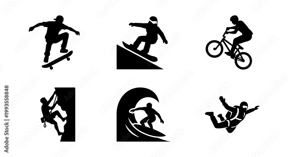 Naklejka premium Extreme sports silhouette icons set, black vector athletes collection, skateboarding snowboarding surfing and bmx bike stunts, rock climbing and skydiving