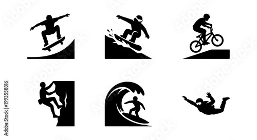 Extreme sports silhouette icons set, black and white action sports vector graphics, skateboarding snowboarding surfing and bmx athlete symbols