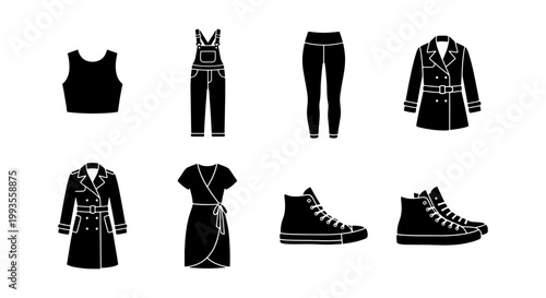 Minimalist black clothing icons set, 8 vector fashion apparel silhouettes, modern casual outfit elements and footwear for retail and lifestyle design