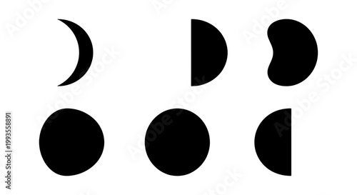 Minimalist moon phases icon set, black lunar cycle silhouettes, 6 celestial vector elements for astronomy and astrology design