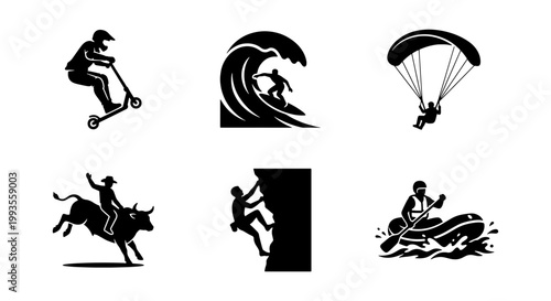 Extreme sports silhouette icons set, 6 black vector illustrations of surfing, rock climbing, and paragliding, outdoor adventure activity symbols