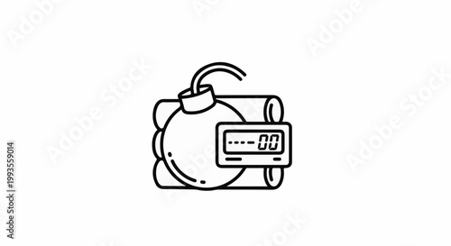 Line art of a round bomb with a fuse and attached timer showing zero