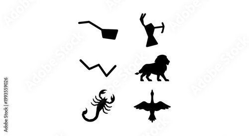 Zodiac constellation silhouettes and animal symbols, black astrological icons set of 6 vectors, celestial scorpion and lion star signs for horoscope design